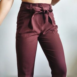 Maroon High Waisted Cropped Pleated Belted Pants